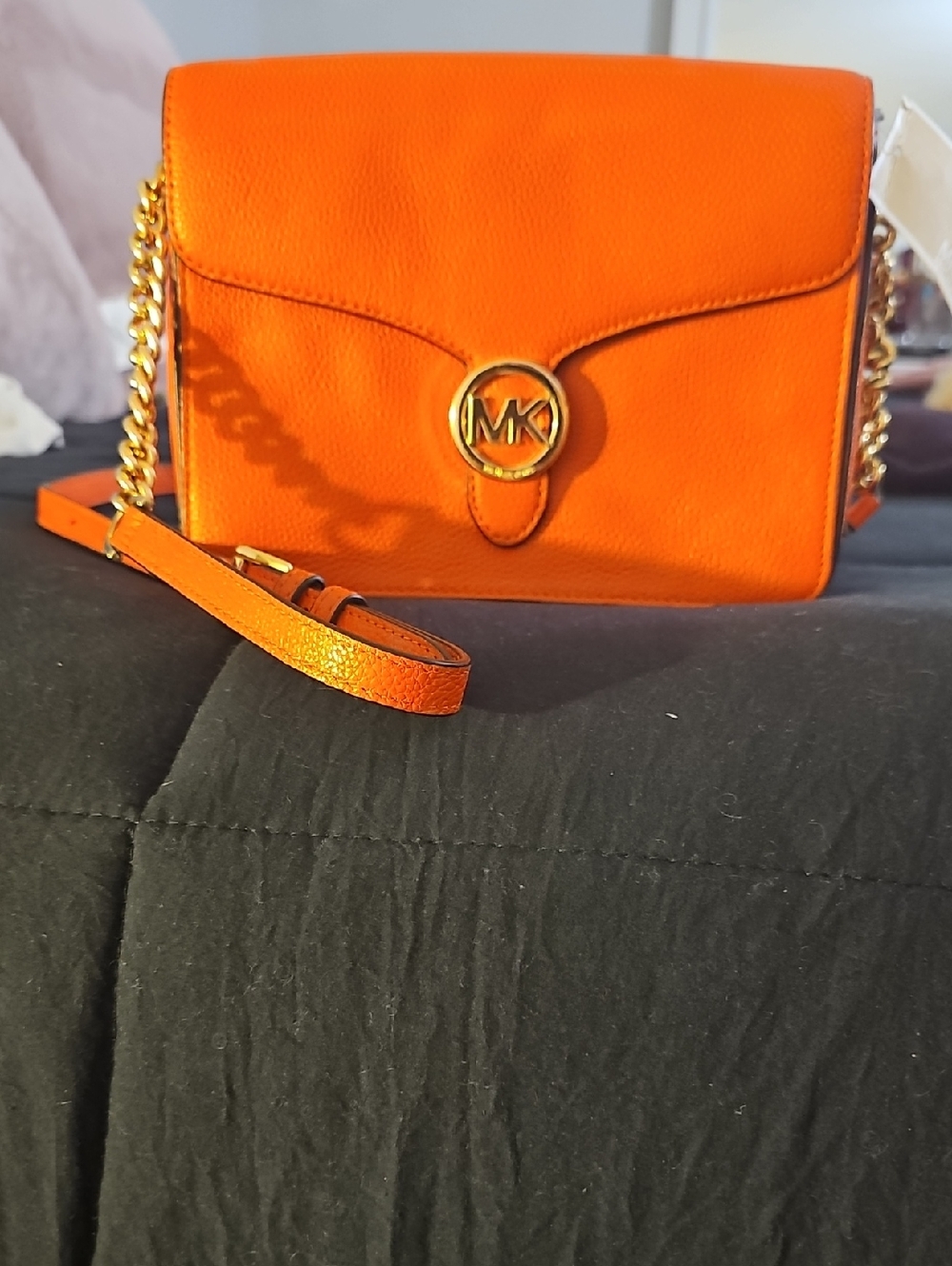 Michael Kors Orange Leather Crossbody with Gold MK Emblem - Picture 2 of 2